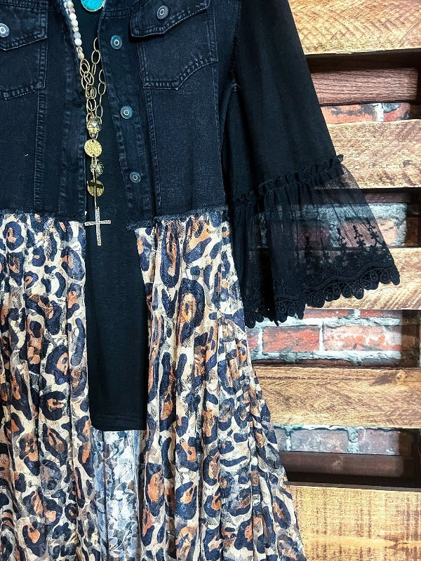 NEVER OUT OF STYLE BLACK DENIM & LACE LEOPARD FAB VEST