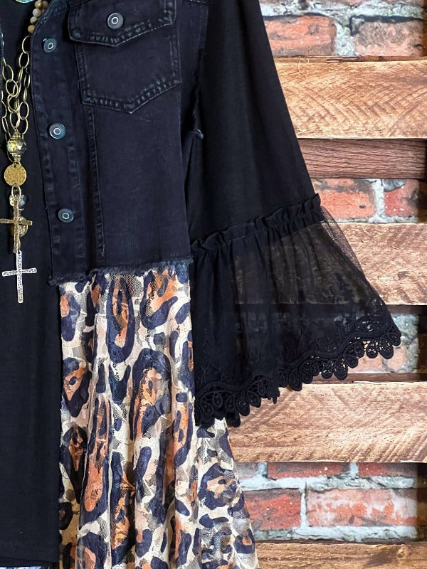 NEVER OUT OF STYLE BLACK DENIM & LACE LEOPARD FAB VEST