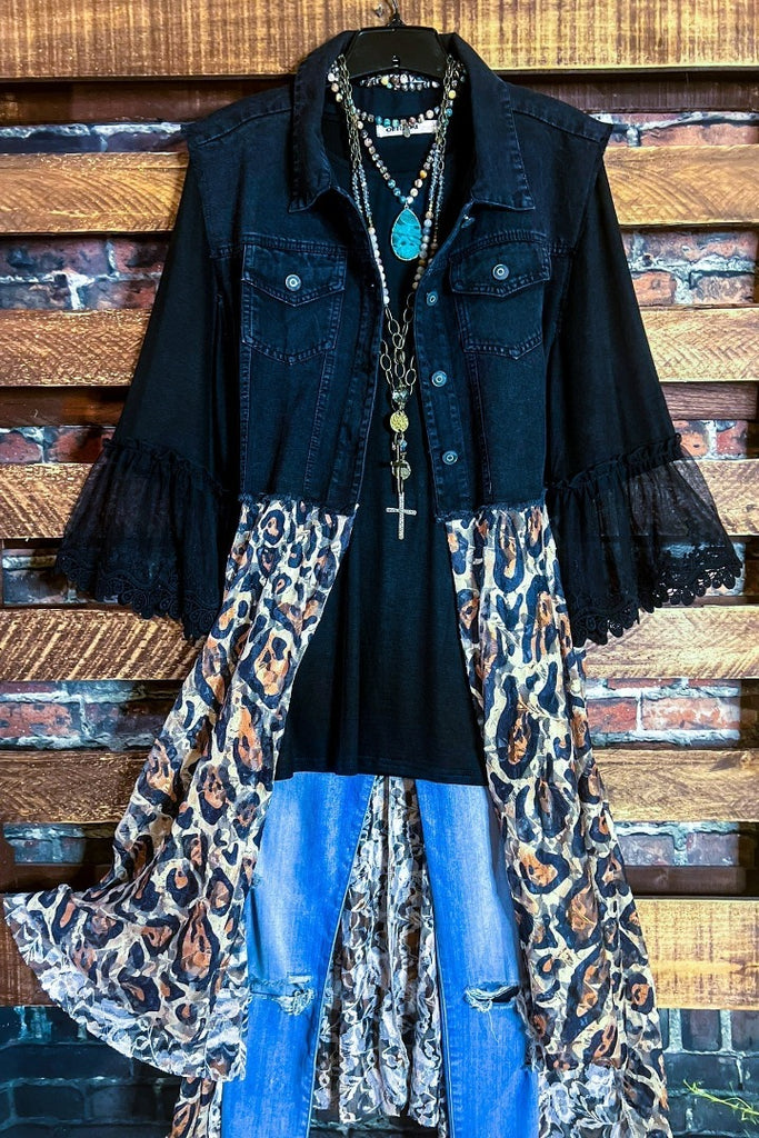 NEVER OUT OF STYLE BLACK DENIM & LACE LEOPARD FAB VEST