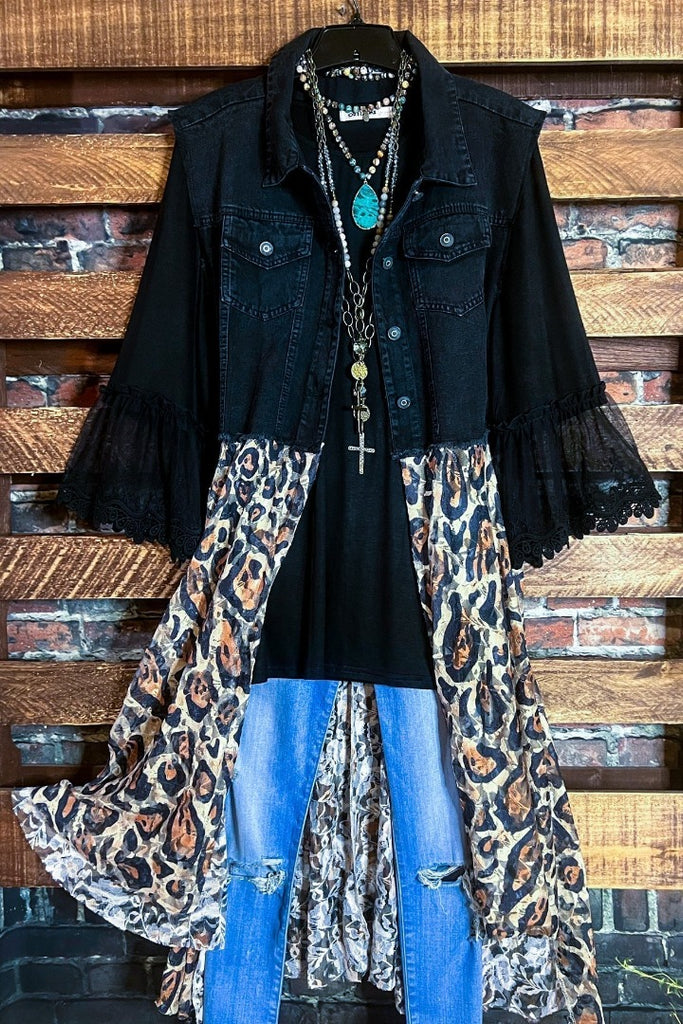 NEVER OUT OF STYLE BLACK DENIM & LACE LEOPARD FAB VEST