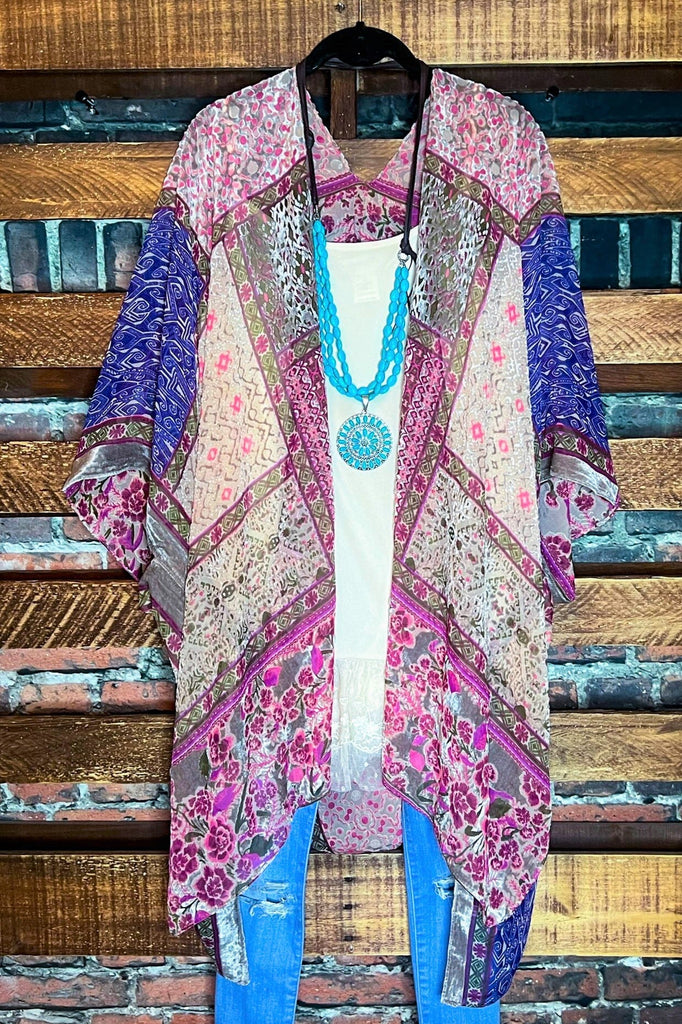 SWEET NOSTALGIA VELVET PINK PURPLE AND MULTI-COLOR KIMONO