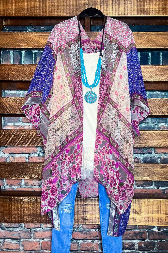 SWEET NOSTALGIA VELVET PINK PURPLE AND MULTI-COLOR KIMONO