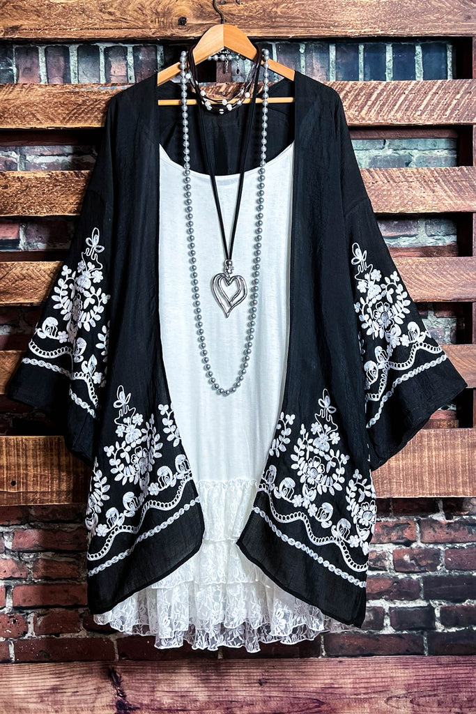 OUR ORIGINAL LOVE BOHO GAUZE FLORAL EMBROIDERED KIMONO IN BLACK