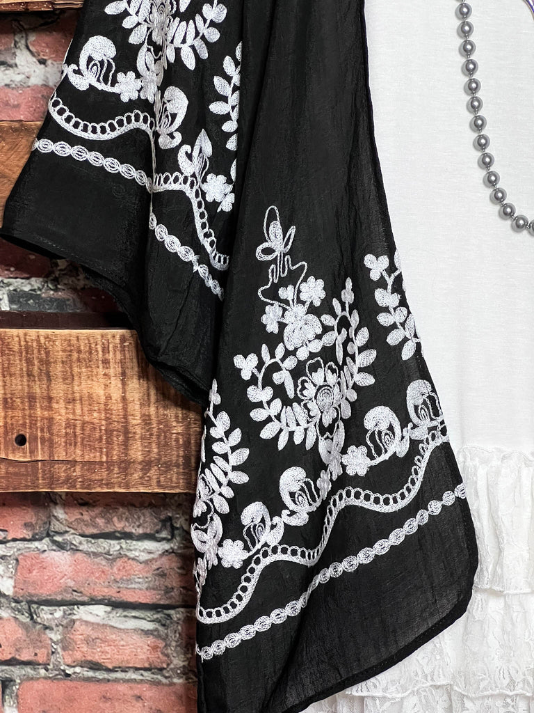 OUR ORIGINAL LOVE BOHO GAUZE FLORAL EMBROIDERED KIMONO IN BLACK