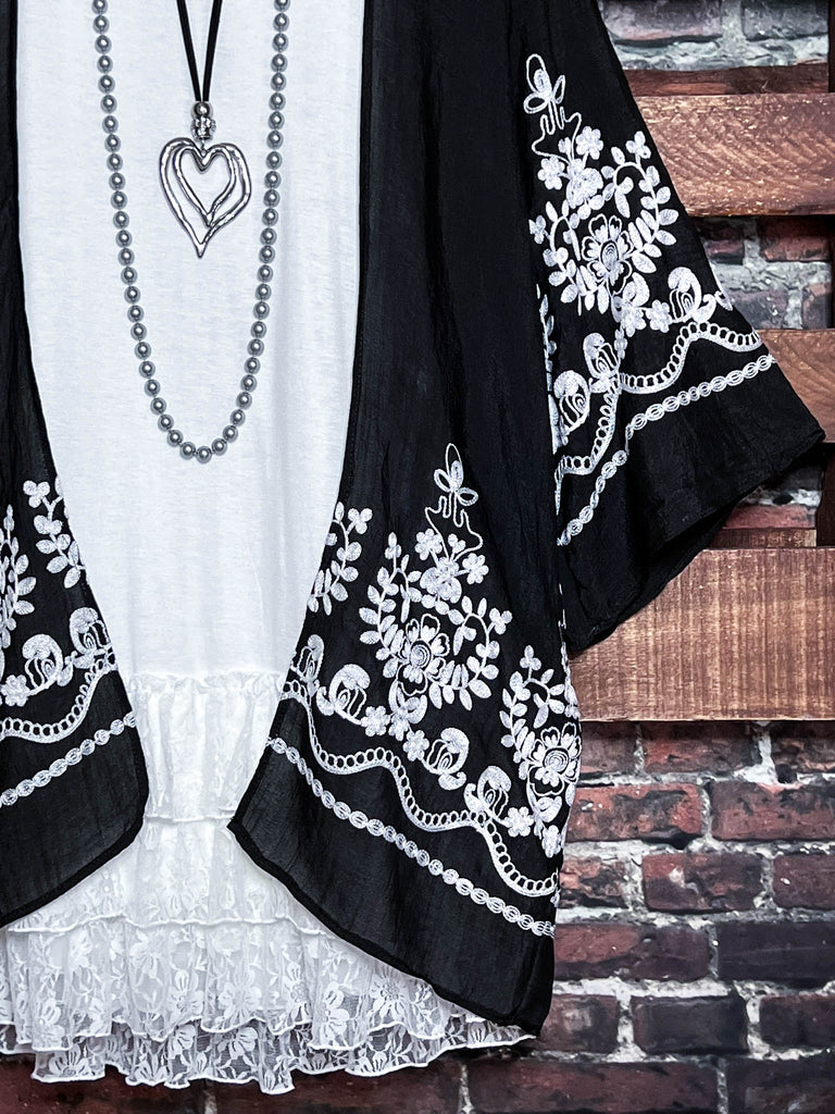 OUR ORIGINAL LOVE BOHO GAUZE FLORAL EMBROIDERED KIMONO IN BLACK