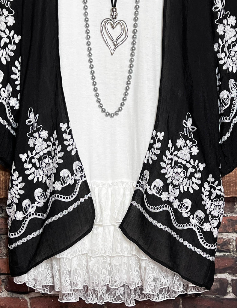 OUR ORIGINAL LOVE BOHO GAUZE FLORAL EMBROIDERED KIMONO IN BLACK