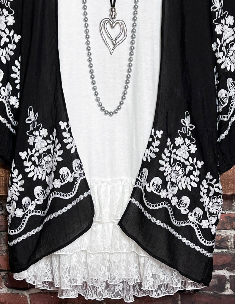 OUR ORIGINAL LOVE BOHO GAUZE FLORAL EMBROIDERED KIMONO IN BLACK
