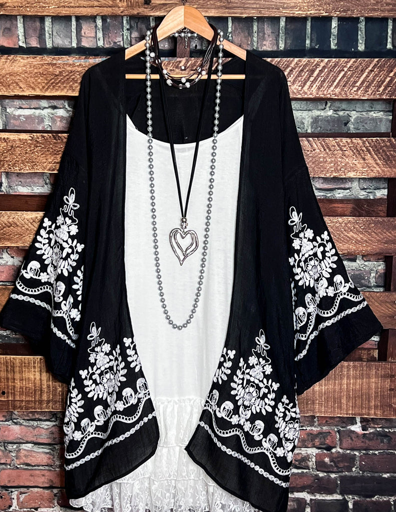 OUR ORIGINAL LOVE BOHO GAUZE FLORAL EMBROIDERED KIMONO IN BLACK