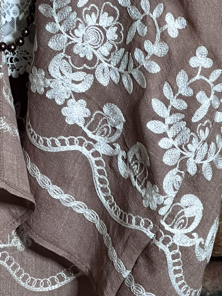 OUR ORIGINAL LOVE BOHO GAUZE FLORAL EMBROIDERED KIMONO IN MOCHA