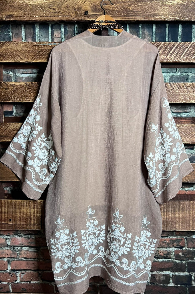 OUR ORIGINAL LOVE BOHO GAUZE FLORAL EMBROIDERED KIMONO IN MOCHA