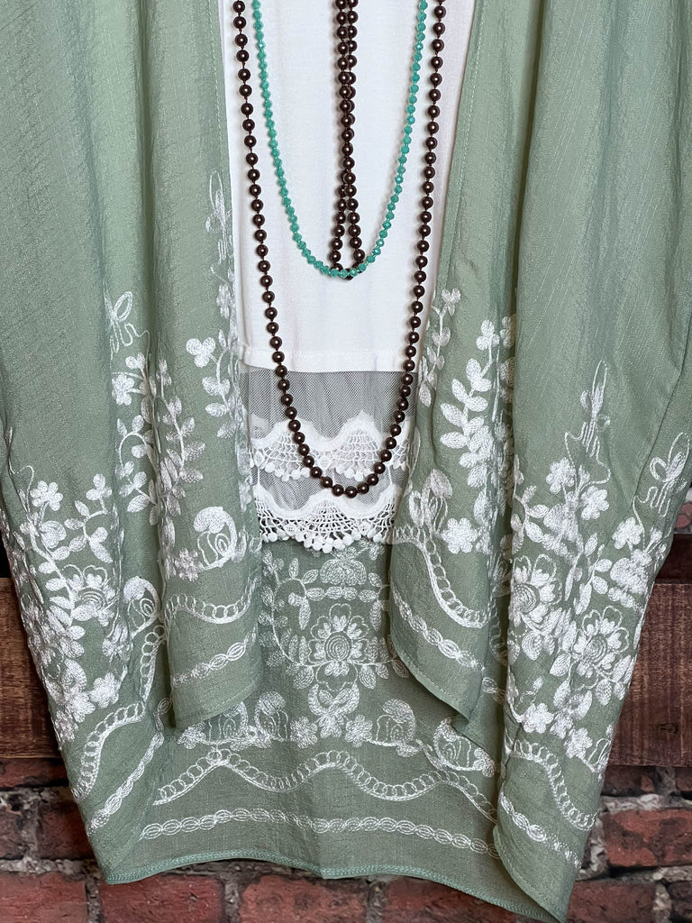 OUR ORIGINAL LOVE BOHO GAUZE FLORAL EMBROIDERED KIMONO IN SAGE