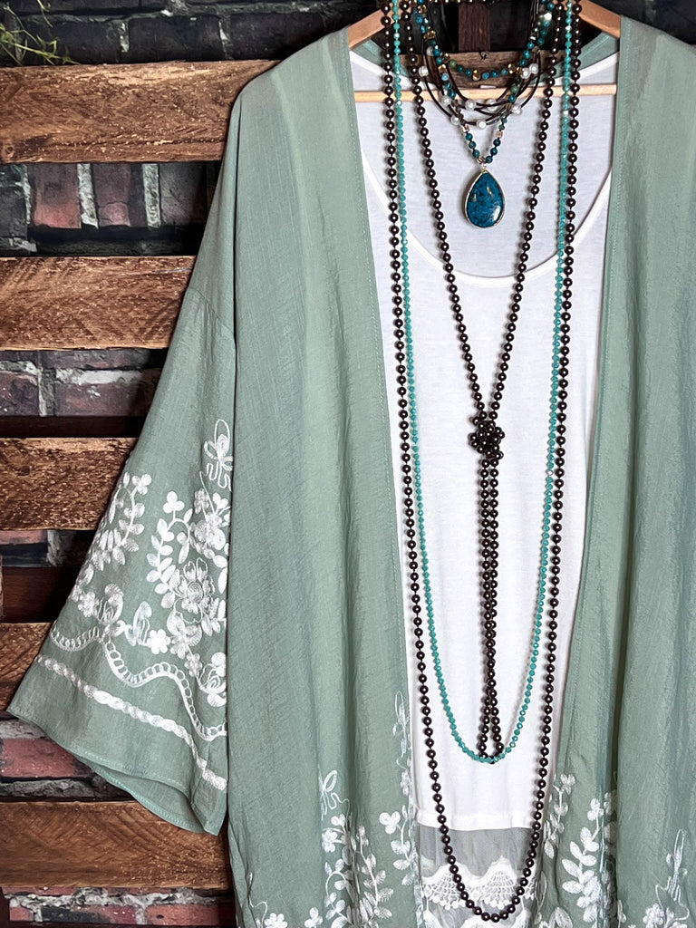 OUR ORIGINAL LOVE BOHO GAUZE FLORAL EMBROIDERED KIMONO IN SAGE