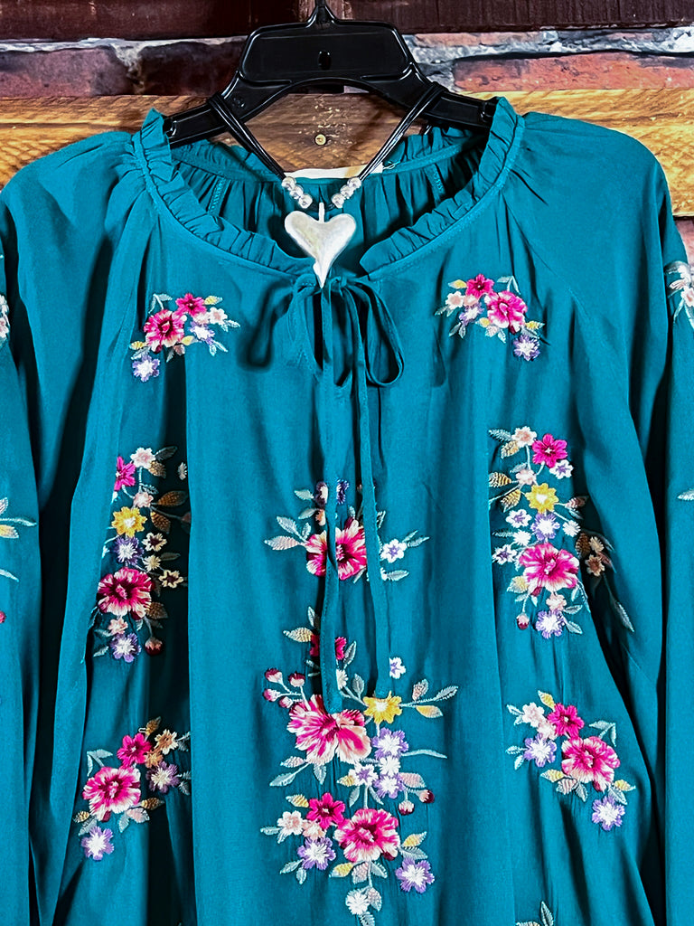 ESSENCE OF LOVE TEAL EMBROIDERED BLOUSE -------SALE