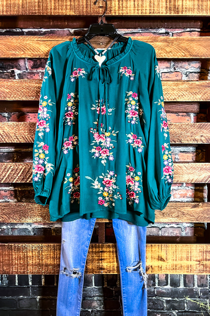 ESSENCE OF LOVE TEAL EMBROIDERED BLOUSE -------SALE