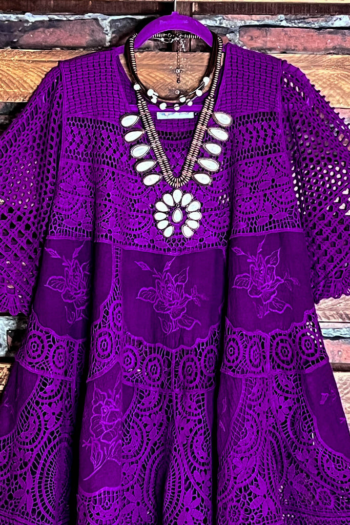 A FAIRYTALE PRETTY 100% COTTON CROCHET LACE TUNIC IN PURPLE