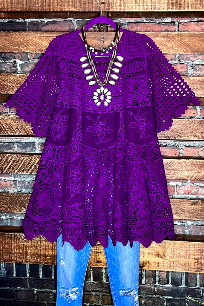 A FAIRYTALE PRETTY 100% COTTON CROCHET LACE TUNIC IN PURPLE