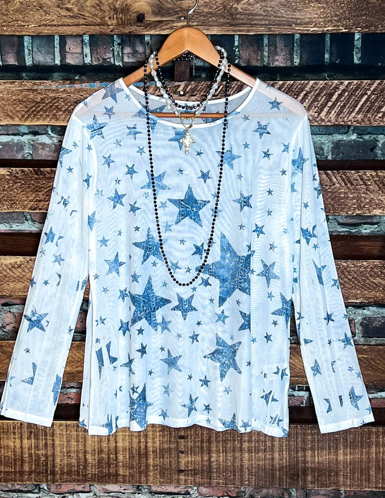 SPIRIT OF BLISS STARS BLUE DENIM MESH TOP