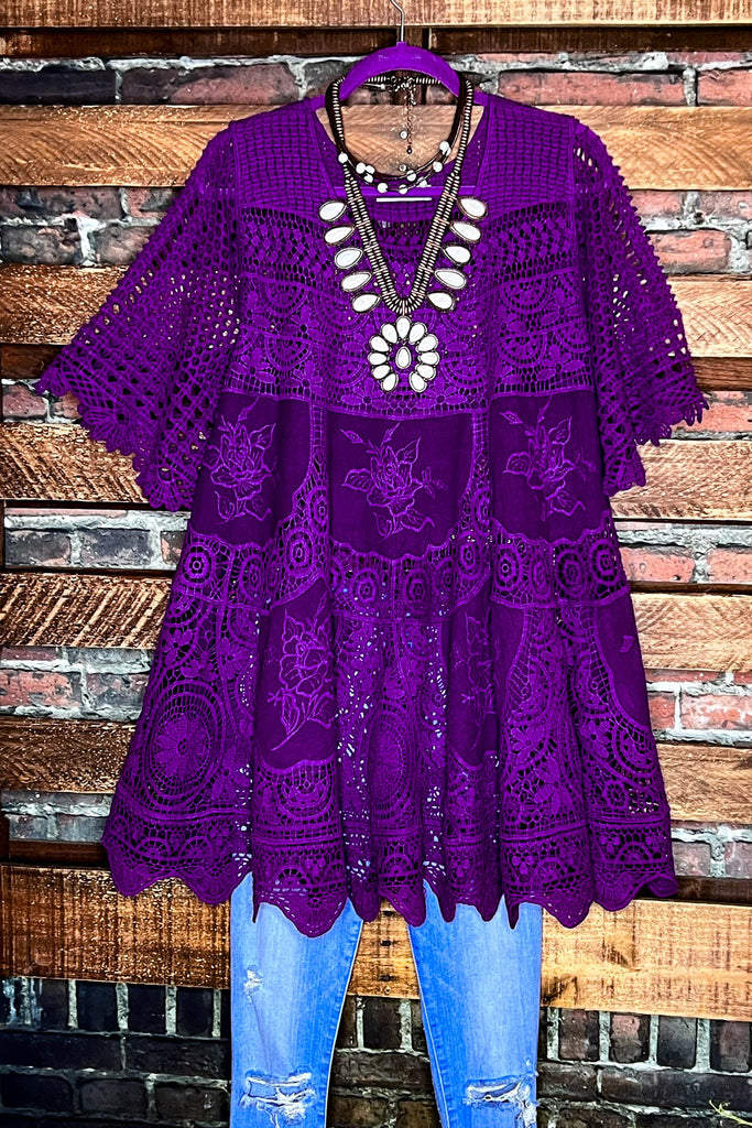 A FAIRYTALE PRETTY 100% COTTON CROCHET LACE TUNIC IN PURPLE