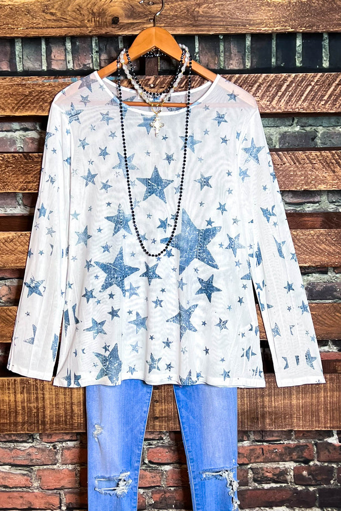 SPIRIT OF BLISS STARS BLUE DENIM MESH TOP