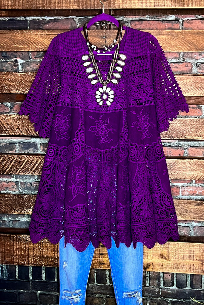 A FAIRYTALE PRETTY 100% COTTON CROCHET LACE TUNIC IN PURPLE