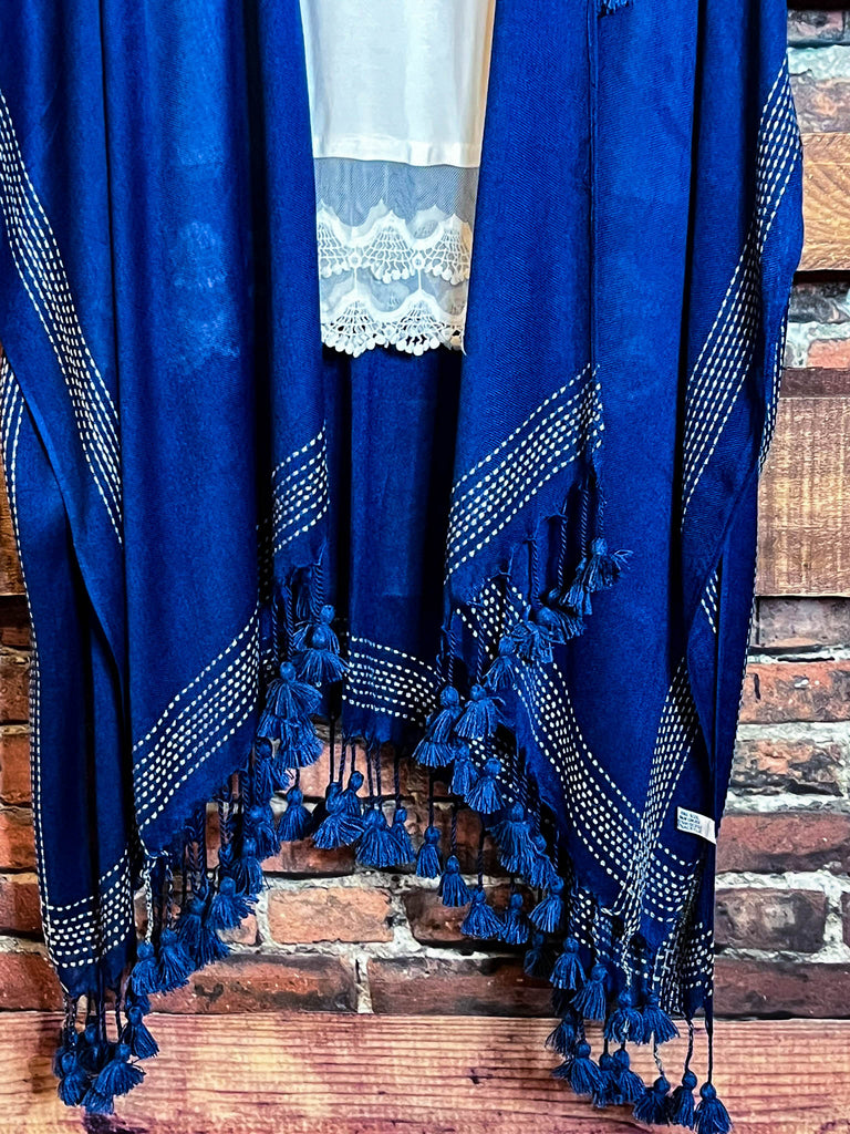 Going With The Wind Gauze Tassel Fringe Kimono in Navy Blue