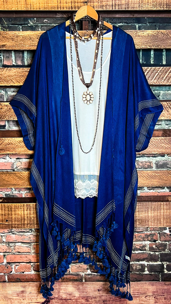 Going With The Wind Gauze Tassel Fringe Kimono in Navy Blue