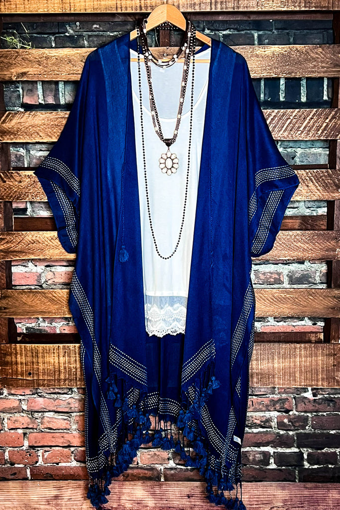 Going With The Wind Gauze Tassel Fringe Kimono in Navy Blue
