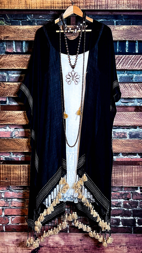 Going With The Wind Gauze Tassel Fringe Kimono in Black