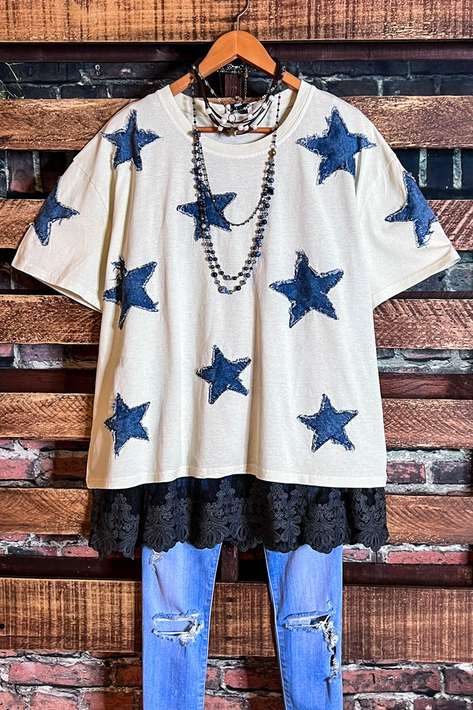 MOMENTS OF JOY STARS DENIM PATCH T-SHIRT TOP IN BEIGE & DENIM