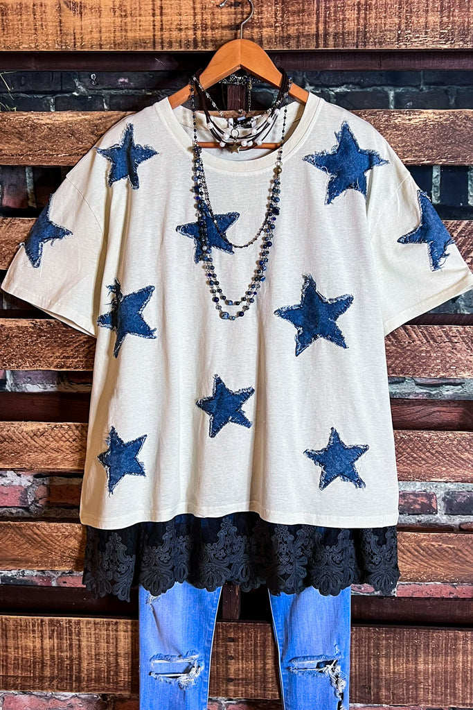 MOMENTS OF JOY STARS DENIM PATCH T-SHIRT TOP IN BEIGE & DENIM