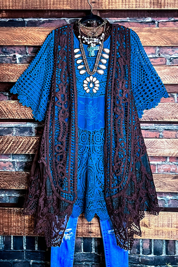 DANCIN' IN THE MOONLIGHT LACE & CROCHET VEST IN BROWN