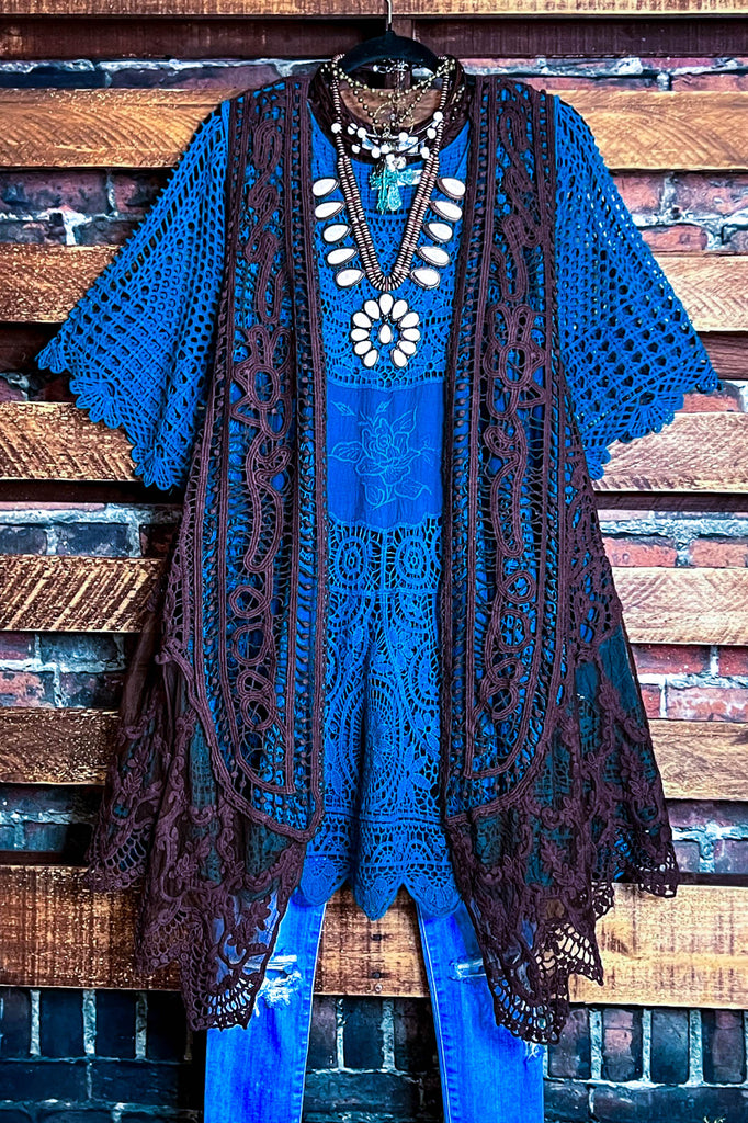 DANCIN' IN THE MOONLIGHT LACE & CROCHET VEST IN BROWN