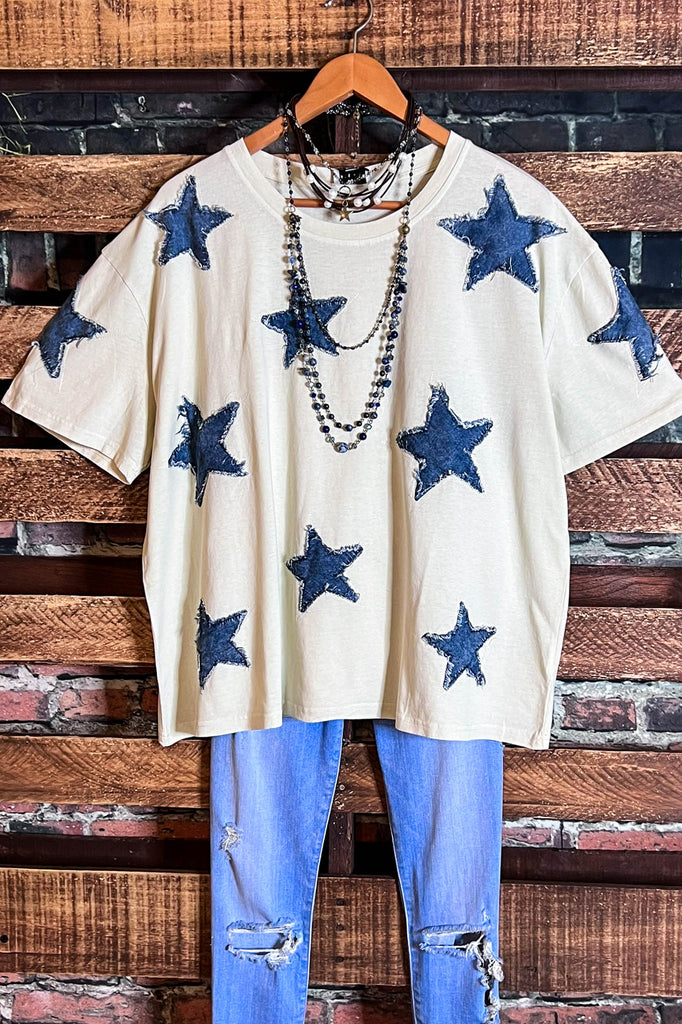 MOMENTS OF JOY STARS DENIM PATCH T-SHIRT TOP IN BEIGE & DENIM