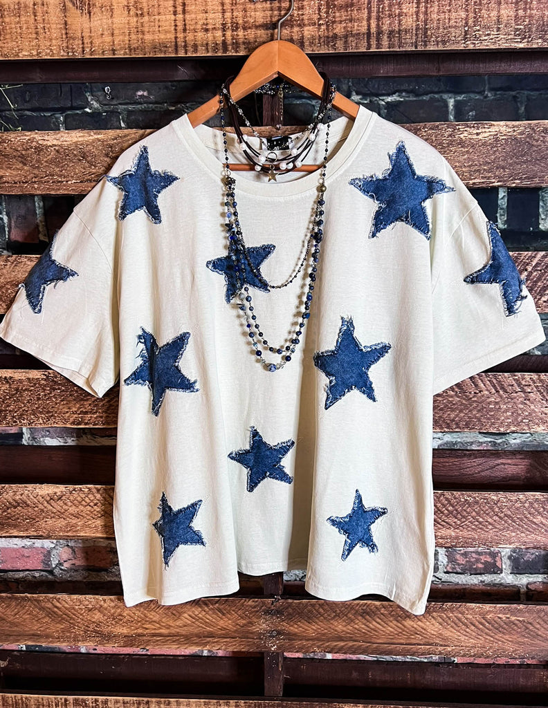 MOMENTS OF JOY STARS DENIM PATCH T-SHIRT TOP IN BEIGE & DENIM