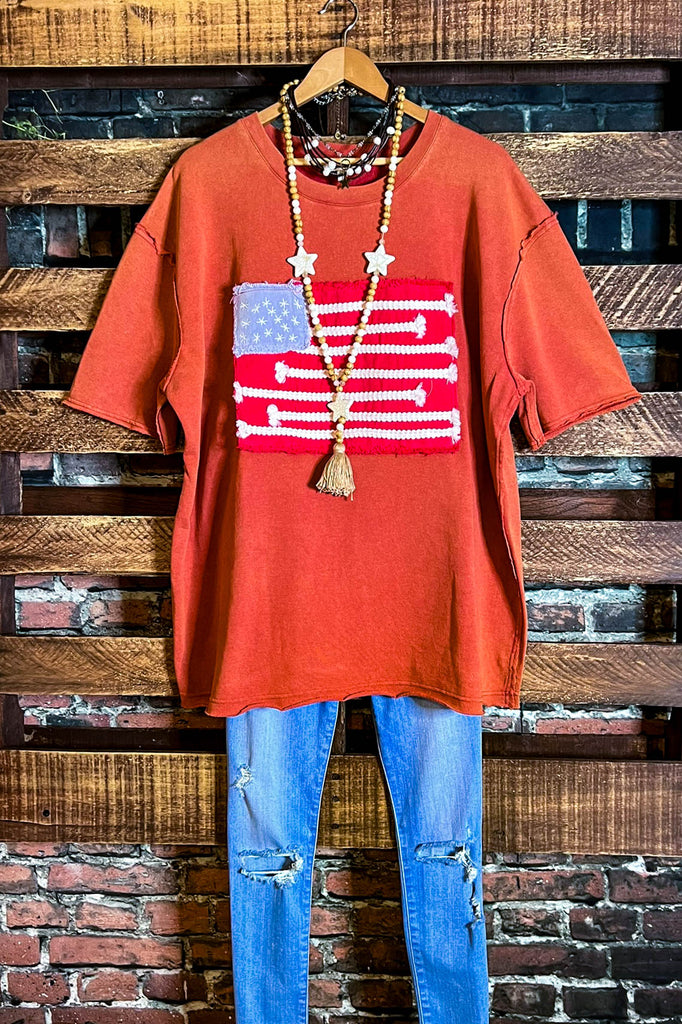 FEEL FREE 100%COTTON MINERAL WASH AMERICAN FLAG PATCH TUNIC IN BURNT ORANGE