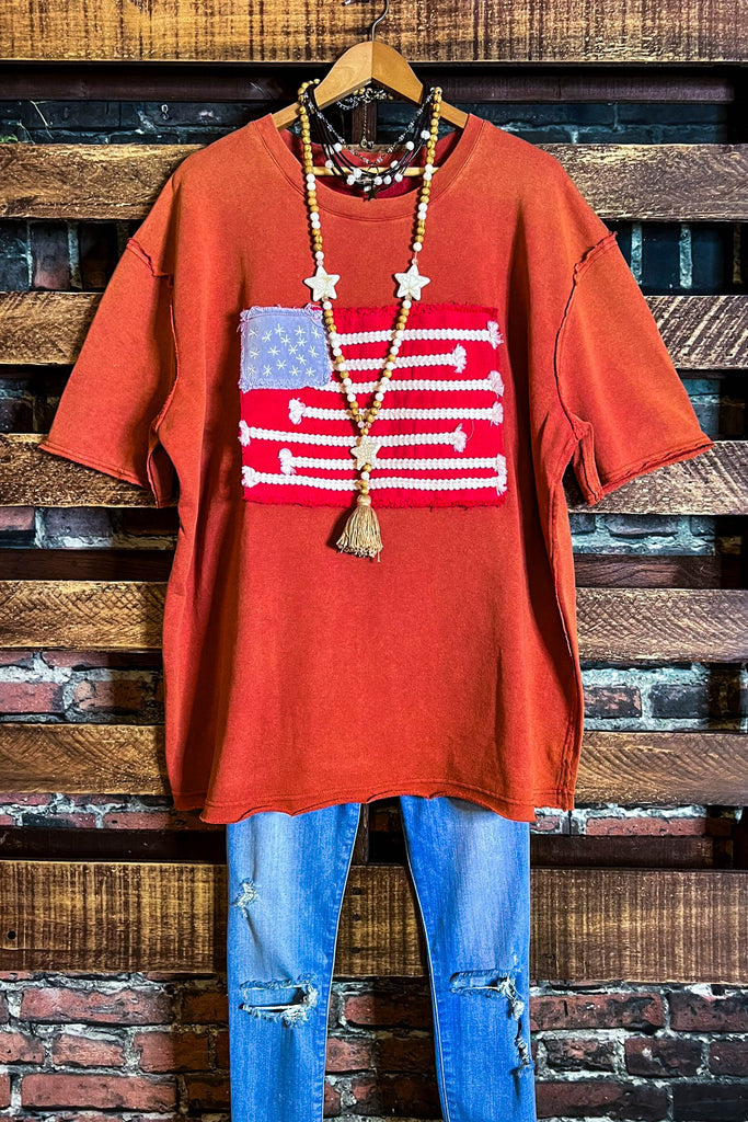 FEEL FREE 100%COTTON MINERAL WASH AMERICAN FLAG PATCH TUNIC IN BURNT ORANGE