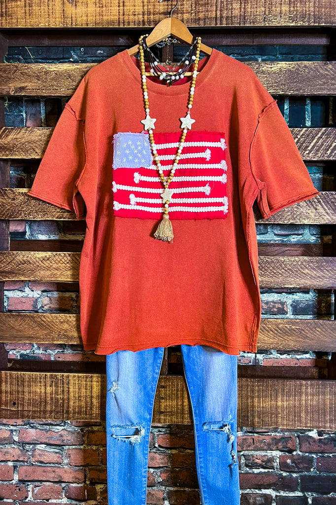 FEEL FREE 100%COTTON MINERAL WASH AMERICAN FLAG PATCH TUNIC IN BURNT ORANGE