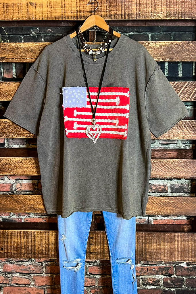 FEEL FREE 100%COTTON MINERAL WASH AMERICAN FLAG PATCH TUNIC IN GRAY