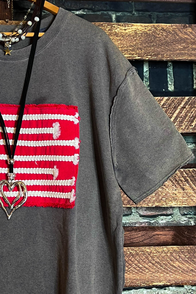 FEEL FREE 100%COTTON MINERAL WASH AMERICAN FLAG PATCH TUNIC IN GRAY