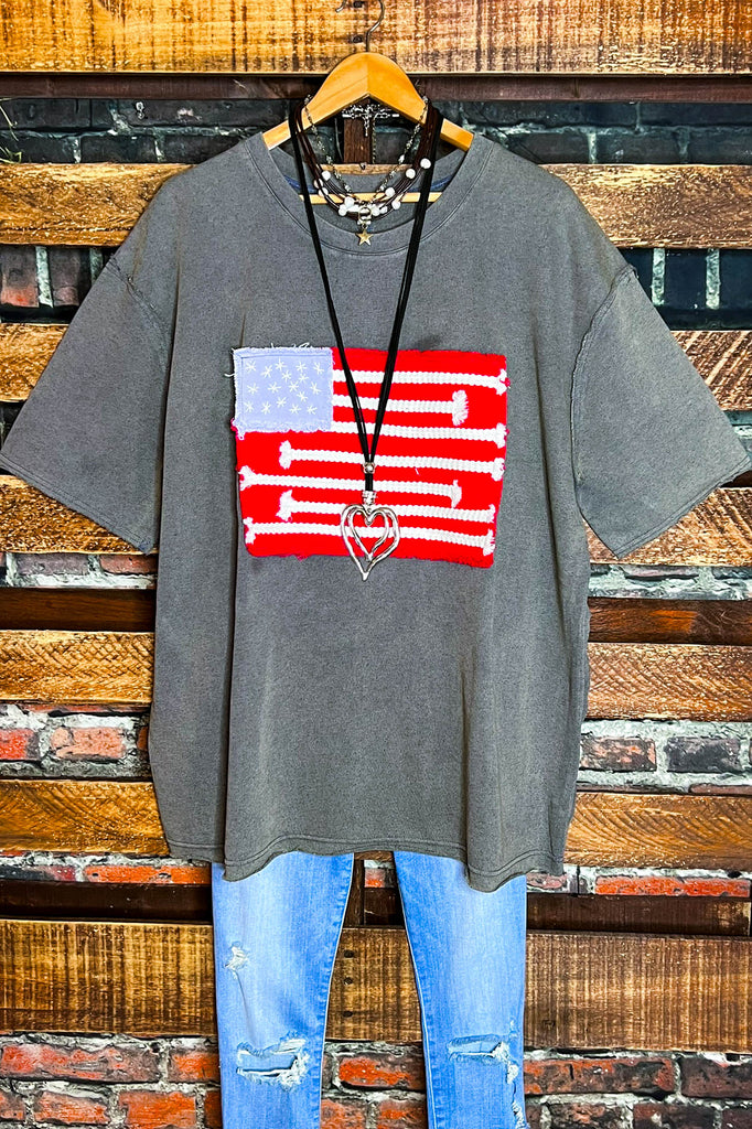 FEEL FREE 100%COTTON MINERAL WASH AMERICAN FLAG PATCH TUNIC IN GRAY