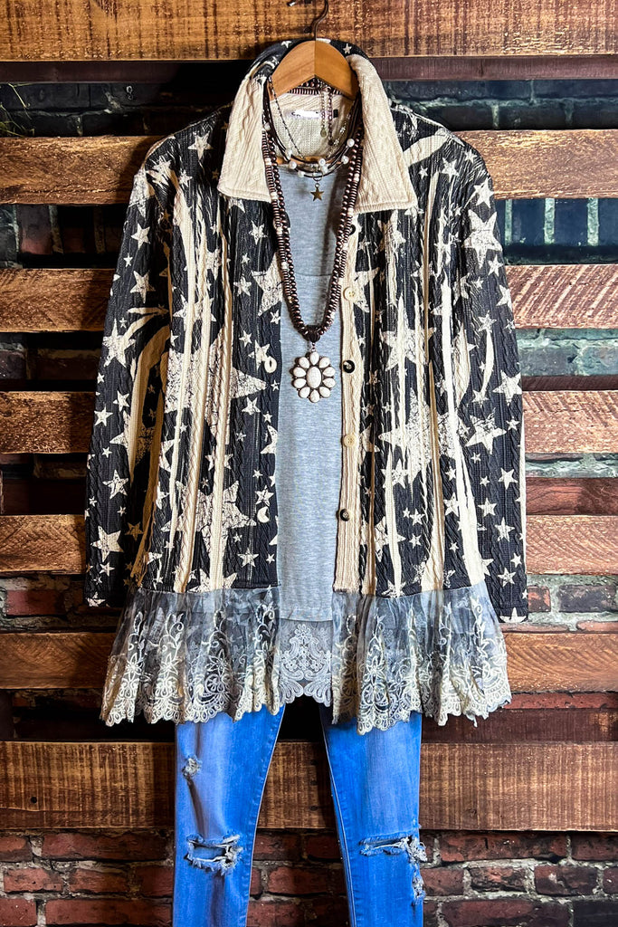 BLISSFUL MOMENTS FAB LACE JACKET IN BLACK & BEIGE