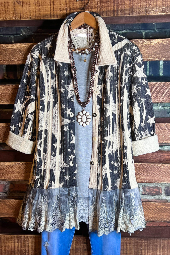 BLISSFUL MOMENTS FAB LACE JACKET IN BLACK & BEIGE