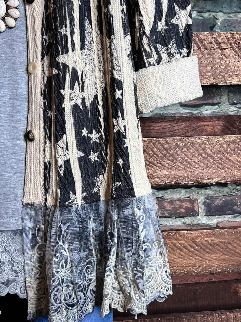 BLISSFUL MOMENTS FAB LACE JACKET IN BLACK & BEIGE