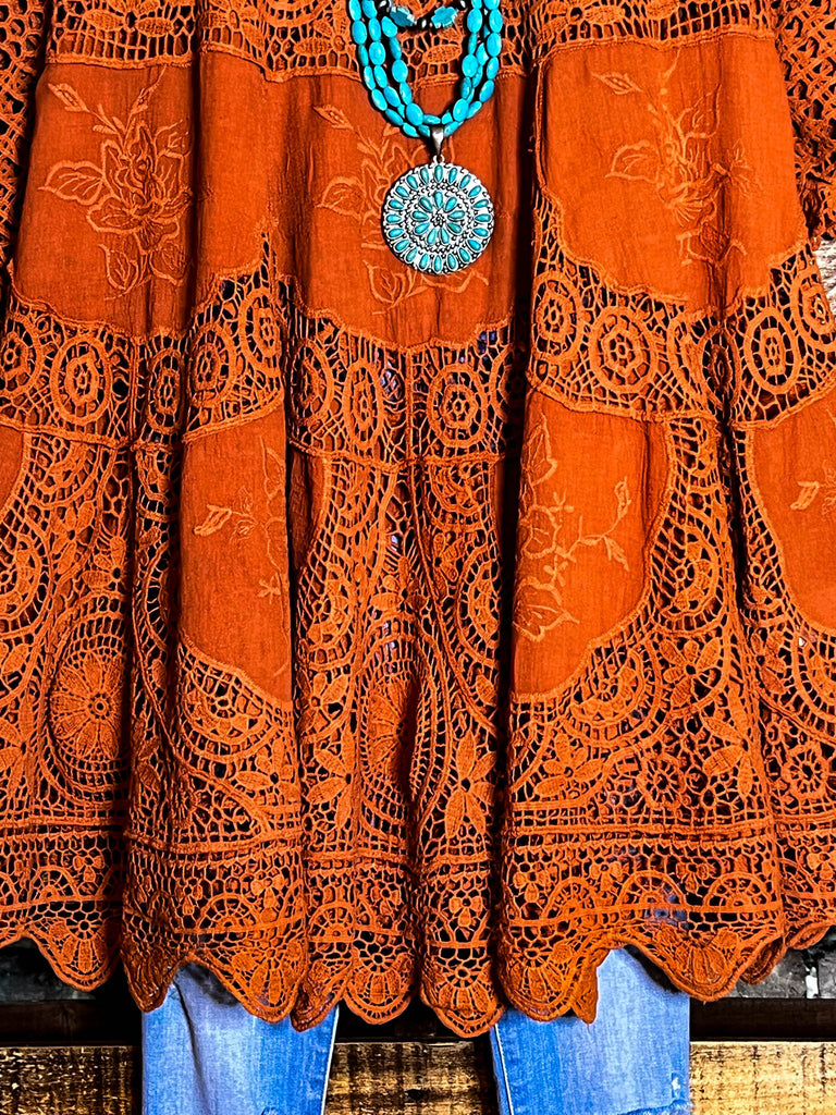 A FAIRYTALE PRETTY 100% COTTON CROCHET LACE TUNIC IN RUST