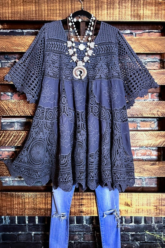 A FAIRYTALE PRETTY UNIQUE 100% COTTON CROCHET LACE TUNIC IN CHARCOAL