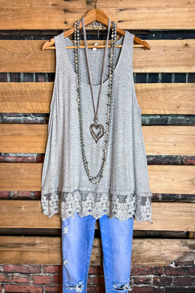 FULL OF GRACE HEATHER GRAY LACE SLIP DRESS EXTENDER TOP