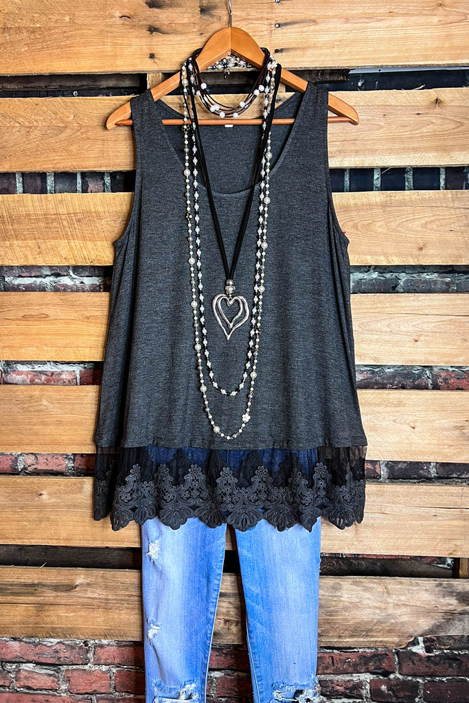 FULL OF GRACE CHARCOAL LACE SLIP DRESS EXTENDER TOP