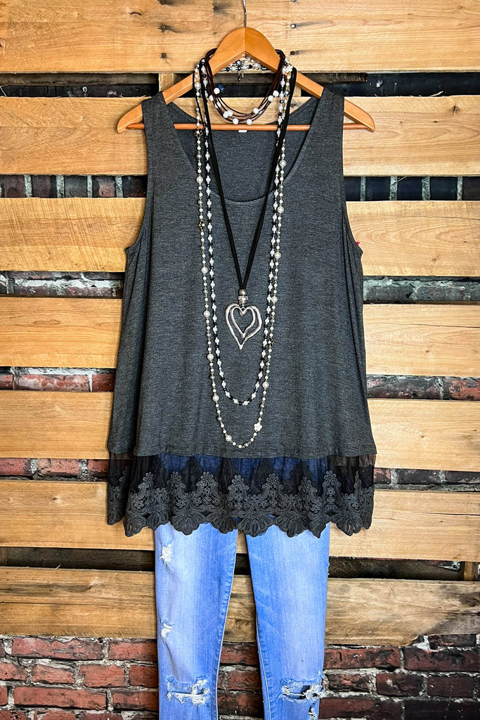 FULL OF GRACE CHARCOAL LACE SLIP DRESS EXTENDER TOP