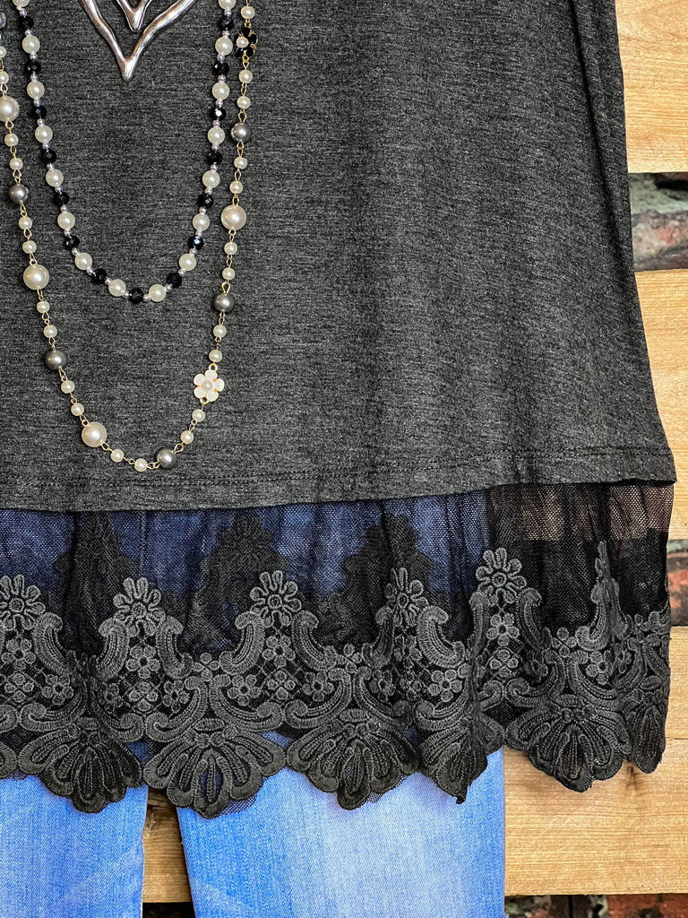 FULL OF GRACE CHARCOAL LACE SLIP DRESS EXTENDER TOP