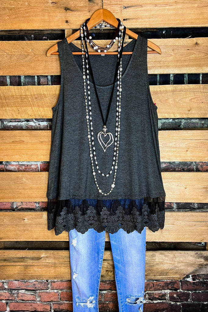 FULL OF GRACE CHARCOAL LACE SLIP DRESS EXTENDER TOP